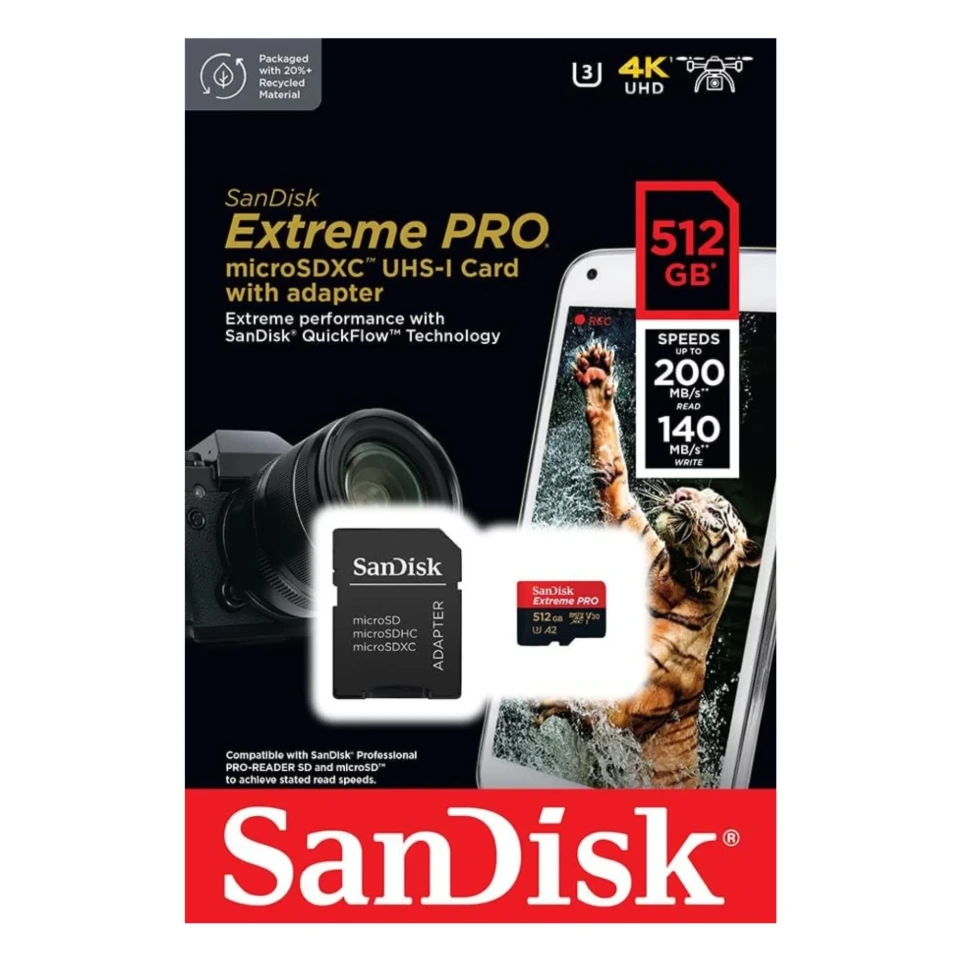 SANDISK EXTREME PRO 512GB MICRO SDCX UHS-I CARD 200MB/s WITH ADAPTOR