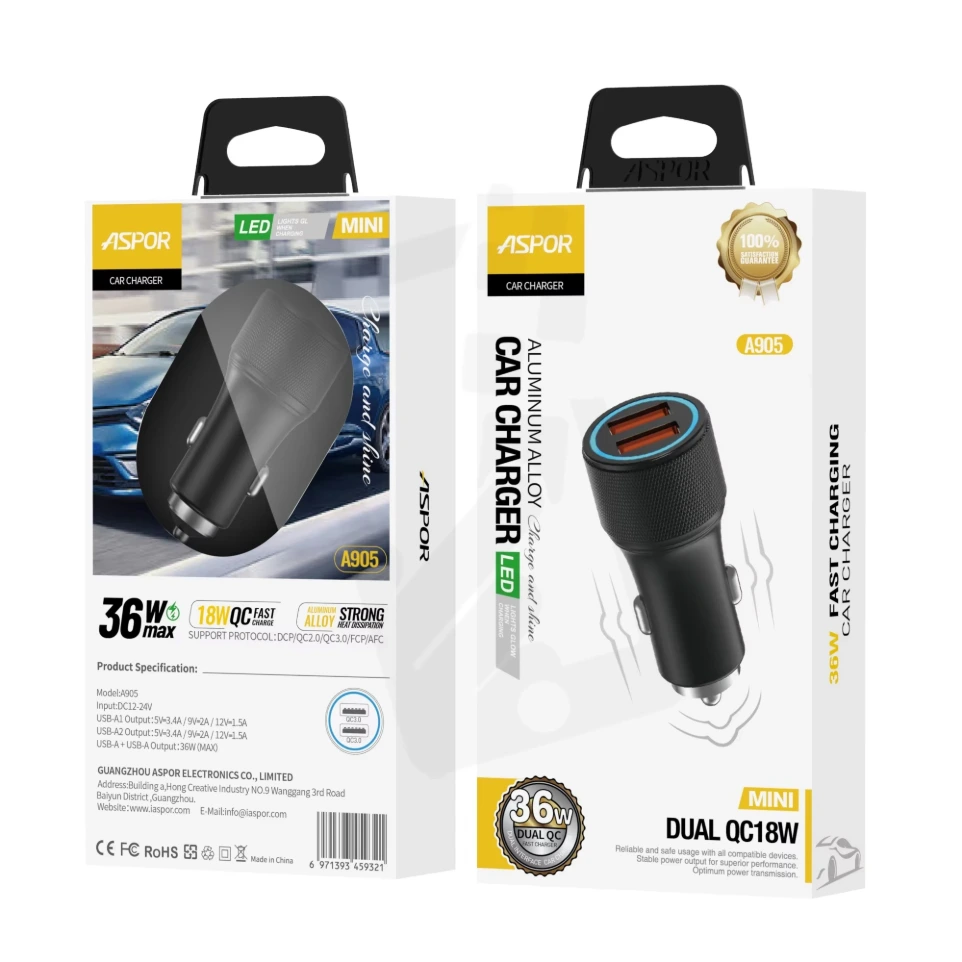 ASPOR A905 36W CAR CHARGER (DUAL USB)